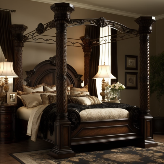 Four-poster bedframe with intricate carvings and a deep cherry finish. 