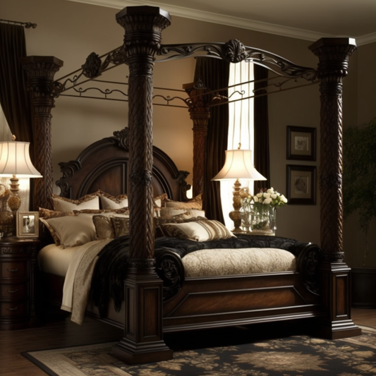 Four-poster bedframe with intricate carvings and a deep cherry finish. 