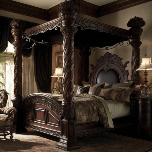 Four-poster bedframe with intricate carvings and a deep cherry finish. 