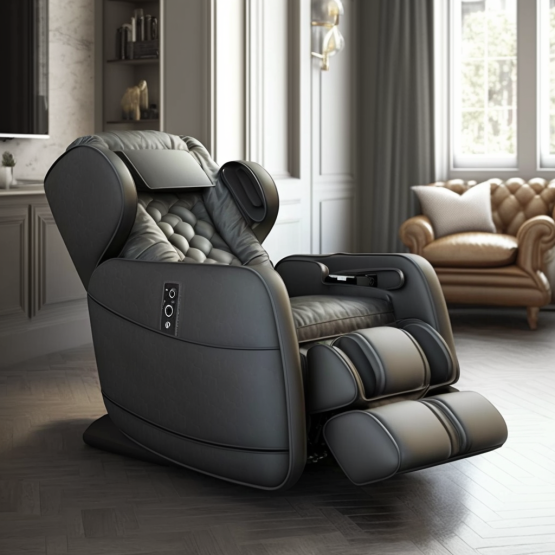 A luxurious recliner with a soft leather upholstery and built-in massagers. 