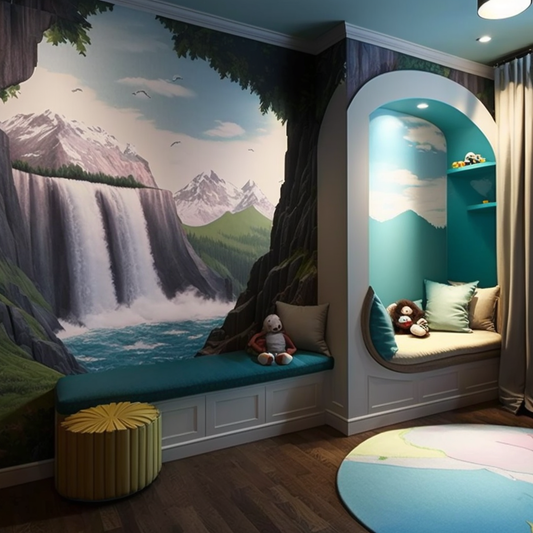 Built-in Seating and Waterfall Mural