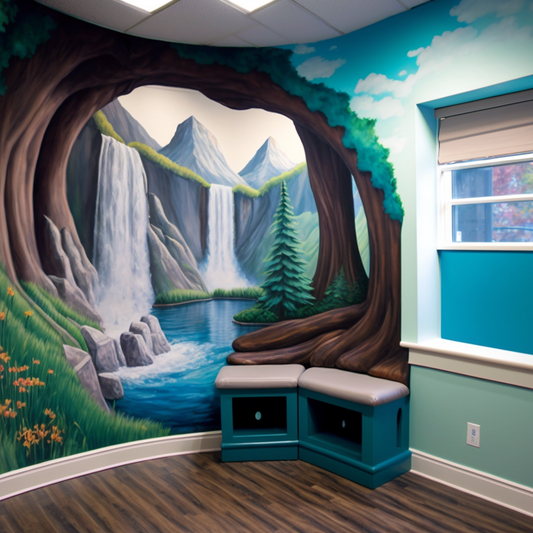Built-in Seating and Waterfall Mural