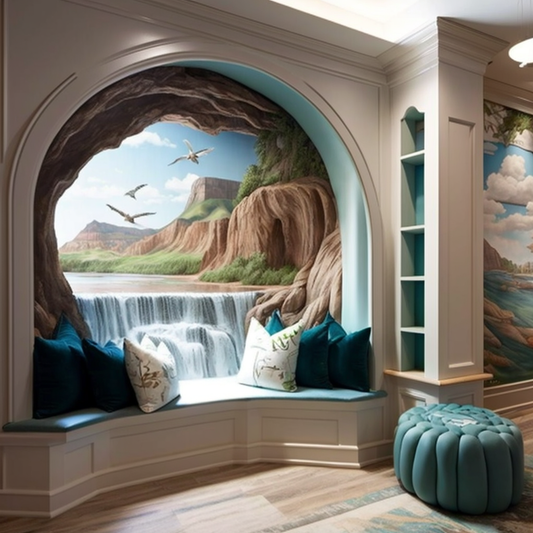 Built-in Seating and Waterfall Mural