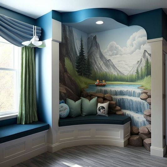 Built-in Seating and Waterfall Mural