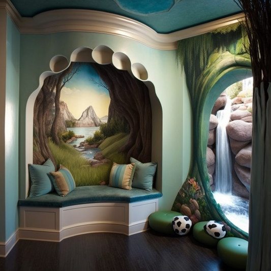 Built-in Seating and Waterfall Mural
