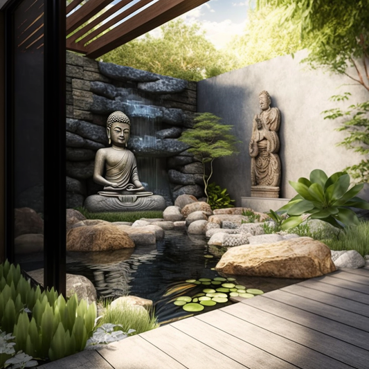 Backyard Stone Landscaped Waterfall with Buddha Features and Flowing Water