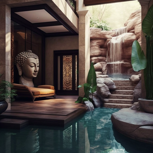 Living Room Waterfall with Buddha Features and Flowing Water - Frank Lloyd Wright Style Indoor Oasis