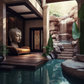 Living Room Waterfall with Buddha Features and Flowing Water - Frank Lloyd Wright Style Indoor Oasis