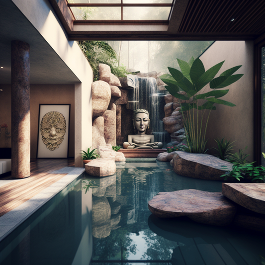 Living Room Waterfall with Buddha Features and Flowing Water - Frank Lloyd Wright Style Indoor Oasis