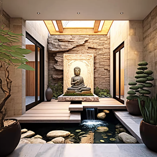 Living Room Waterfall with Buddha Features and Flowing Water - Frank Lloyd Wright Style Indoor Oasis