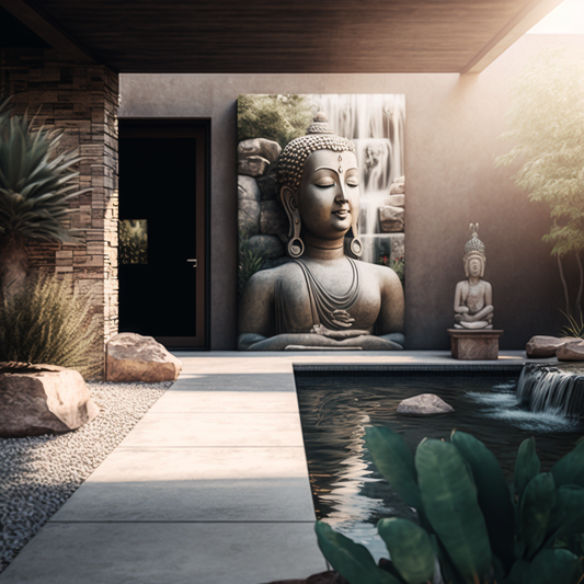 Backyard Stone Landscaped Waterfall with Buddha Features and Flowing Water