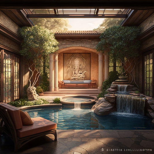 Living Room Waterfall with Buddha Features and Flowing Water - Frank Lloyd Wright Style Indoor Oasis