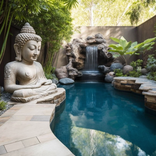 Backyard Stone Landscaped Waterfall with Buddha Features and Flowing Water