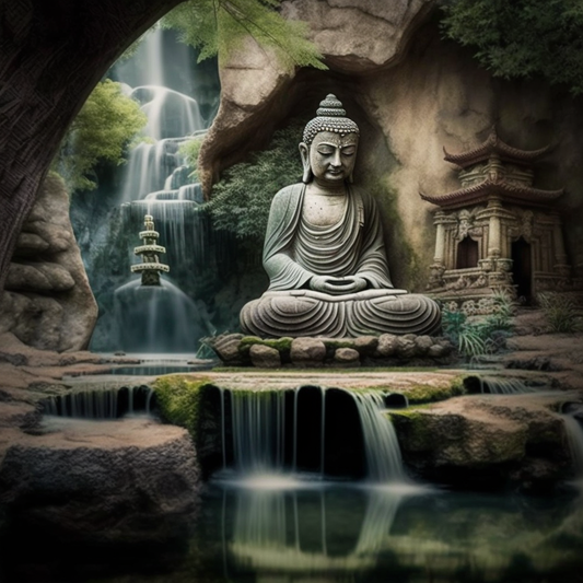 Stone Landscaped Waterfall with Buddha Features and Flowing Water - Tranquil Garden Decor