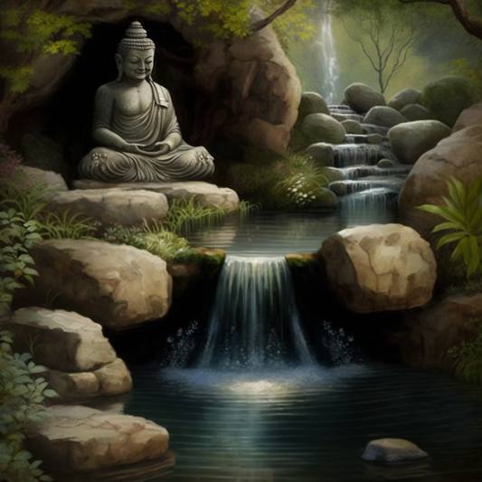 Stone Landscaped Waterfall with Buddha Features and Flowing Water - Tranquil Garden Decor