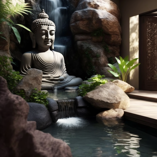 Backyard Stone Landscaped Waterfall with Buddha Features and Flowing Water