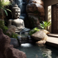 Backyard Stone Landscaped Waterfall with Buddha Features and Flowing Water