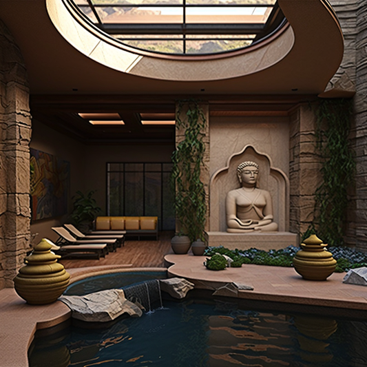 Living Room Waterfall with Buddha Features and Flowing Water - Frank Lloyd Wright Style Indoor Oasis