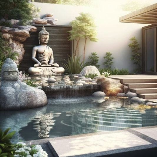 Backyard Stone Landscaped Waterfall with Buddha Features and Flowing Water