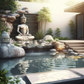 Backyard Stone Landscaped Waterfall with Buddha Features and Flowing Water