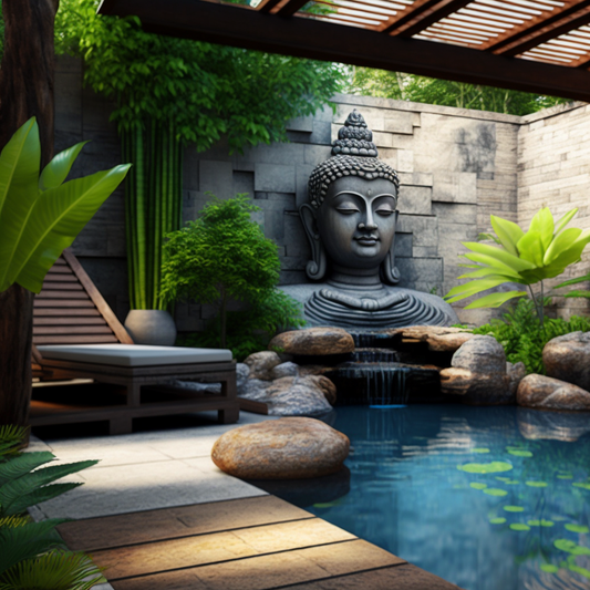 Backyard Stone Landscaped Waterfall with Buddha Features and Flowing Water