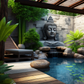 Backyard Stone Landscaped Waterfall with Buddha Features and Flowing Water
